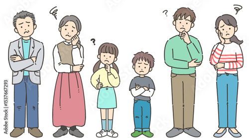 祖父母・両親・子どもの3世代家族が困った表情しているイラストセット	

