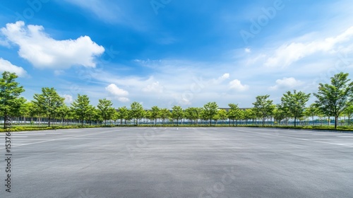 Empty parking lot with trees under sunny sky