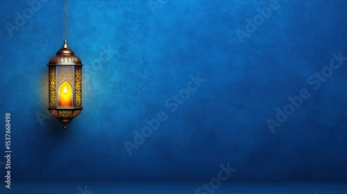 Ornamental hanging lantern on blue wall