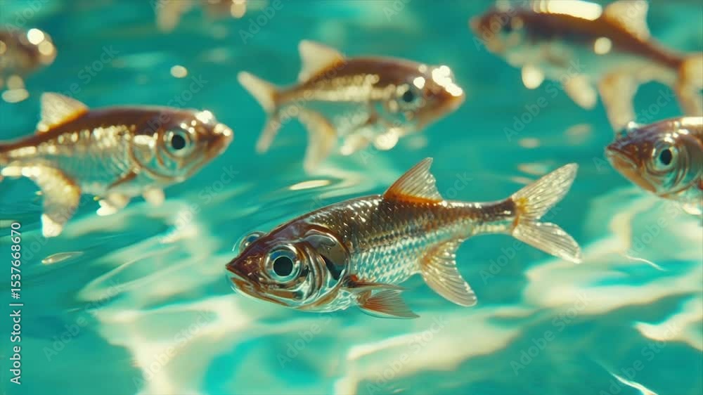 School of small, translucent fish swimming in turquoise water School of small, translucent fish swimming in turquoise water
