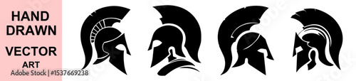 Spartan helmet silhouette vector illustrations in warrior profile view, ideal for logos, tattoos, branding, history-themed projects, strength icons, and classic warrior art.