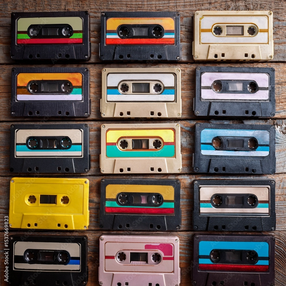 Fototapeta premium cassette tapes arranged by color, flat lay on wooden surface” 