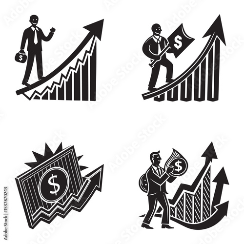 Dollar income vector icon set, dollar increase and cost increase symbol with three different styles isolated. Vector illustration