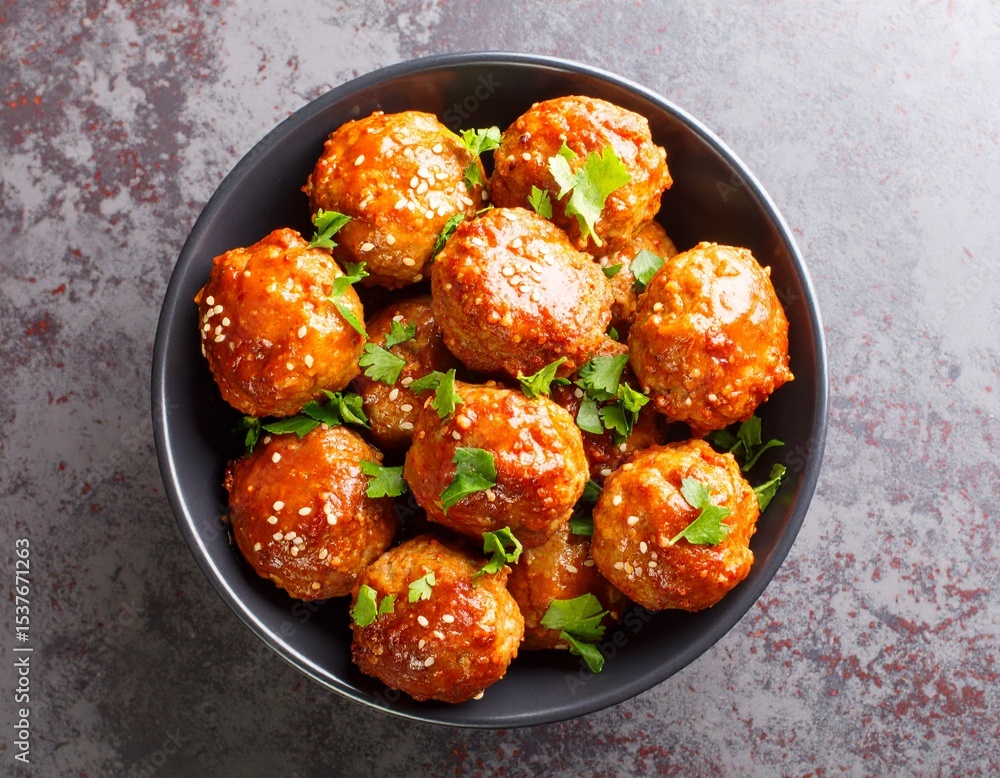 Spicy and sweet, chipotle honey glazed meatballs closeup on the bowl on the table Spicy and sweet, chipotle honey glazed meatballs closeup on the bowl on the table