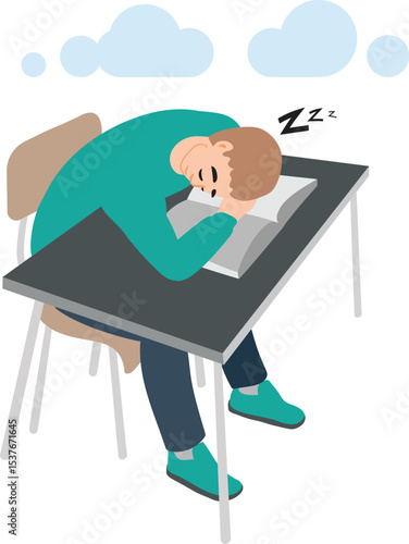 Tired student fell asleep at his desk. Illustration of a young man sleeping at his desk. School days.