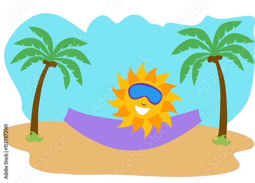 A playful and vibrant cartoon illustration depicting a happy, anthropomorphic sun character wearing sunglasses, relaxing in a purple hammock strung between two tall palm trees