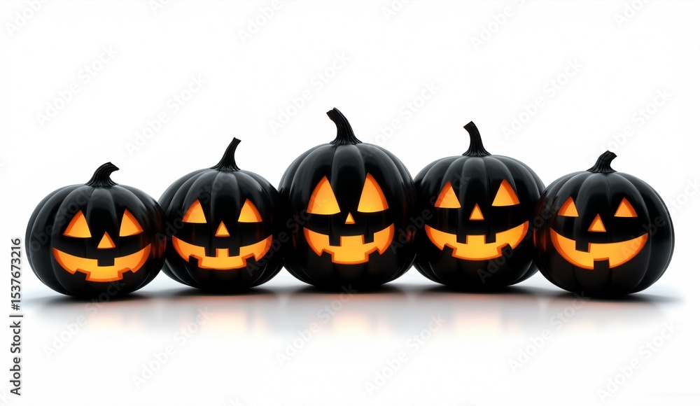 Five glowing jack-o'-lanterns with carved faces lined up against a white background Five glowing jack-o'-lanterns with carved faces lined up against a white background