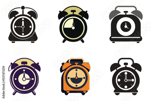 set of retro alarm clock con silhouette vector illustration