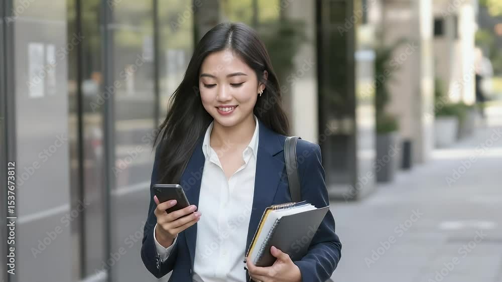 Elegant Young Businesswoman in White Shirt and Blue Suit Walking Outdoors and Using Smartphone Elegant Young Businesswoman in White Shirt and Blue Suit Walking Outdoors and Using Smartphone
