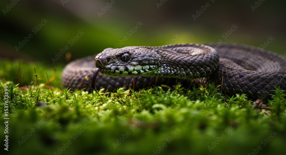 Fototapeta premium European Adder Close-Up: Venomous Snake Lurking on Mossy Ground in the Forest