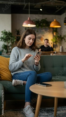 Young woman using smartphone in cafe interior