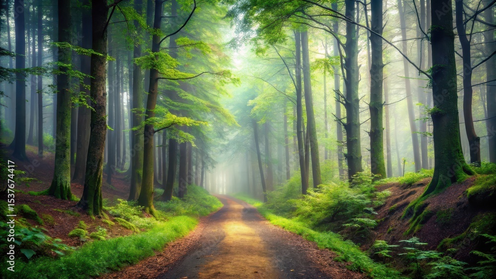 Obraz premium Ein Waldweg mit Nebel, der sich langsam durch den dichten Nebel windet , misty landscape, forest path