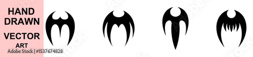 Hand drawn tribal abstract wing tattoo vector design set for dark gothic art, emblem design, horror theme, branding elements, and minimal silhouette graphics.