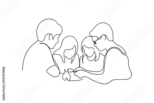 Continuous line art drawing of four people collaborating