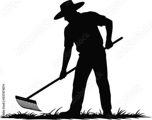 Silhouette of Farmer Raking Grass Vector – Black Agriculture Worker Clipart