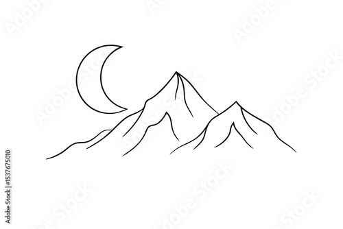 Crescent moon over minimalist line art mountain range