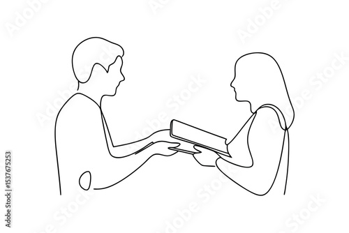 Continuous line art drawing two people exchanging book
