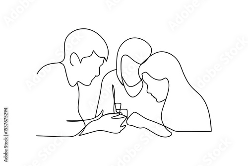 Three friends sharing a moment continuous line art drawing
