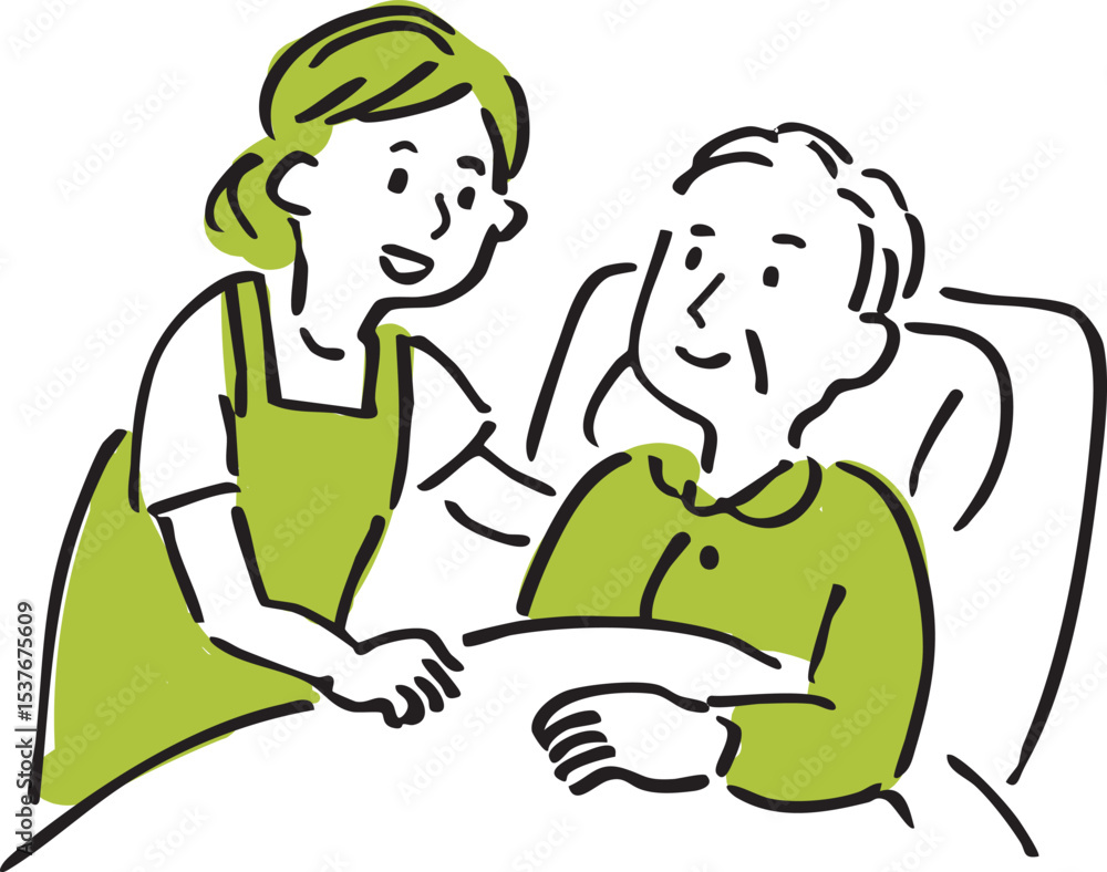 Female caregiver watching over elderly person – hand-drawn senior care illustration Female caregiver watching over elderly person – hand-drawn senior care illustration