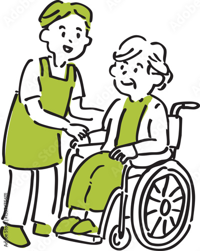 Male caregiver talking with elderly woman – hand-drawn senior care illustration