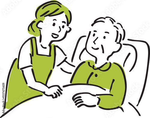 Female caregiver watching over elderly person – hand-drawn senior care illustration