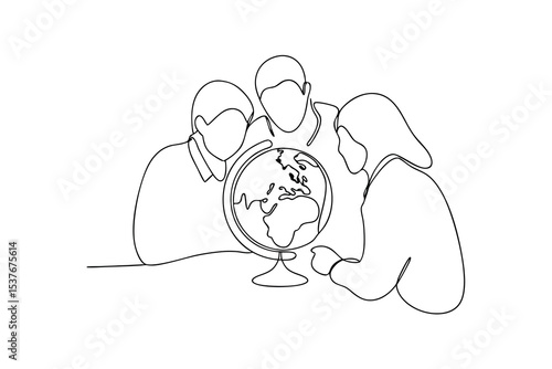 Three people studying a globe continuous line art illustration