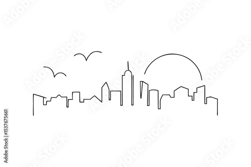 Minimalist cityscape continuous line art sunrise birds