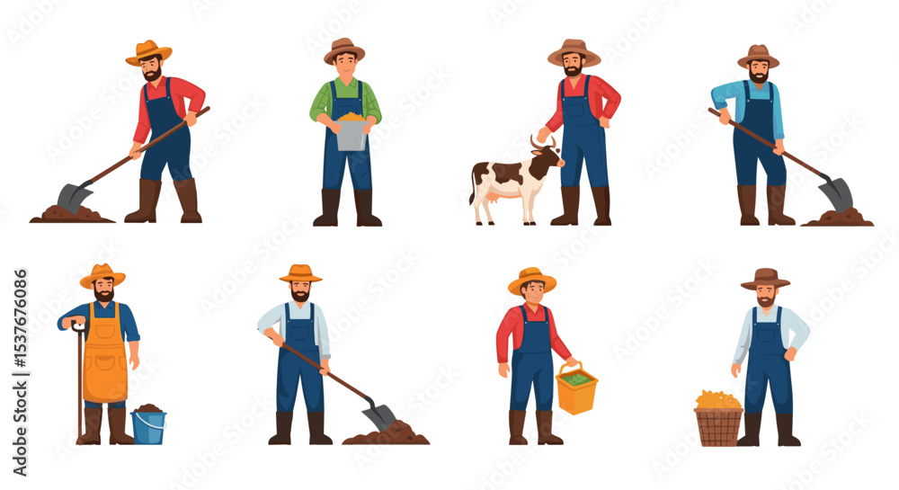 Fototapeta premium Illustrations of farmers in various poses working with tools and a cow on a white background image