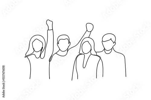Happy diverse group of friends celebrating success continuous line art