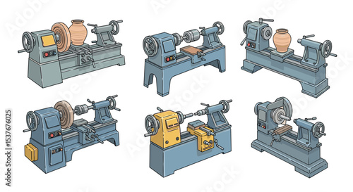 Illustration showing six wood lathes with various objects being turned on them in a workshop setting