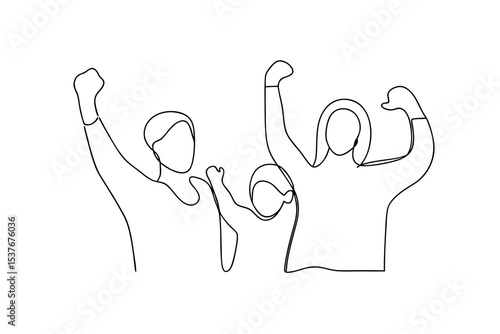 Happy family celebrating success continuous line art illustration