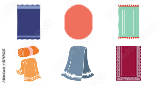 Illustration of various colorful towels in different shapes and sizes arranged on a white background