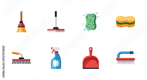 Collection of various cleaning supplies including brooms, mops, sponges, spray bottle and dustpan tools