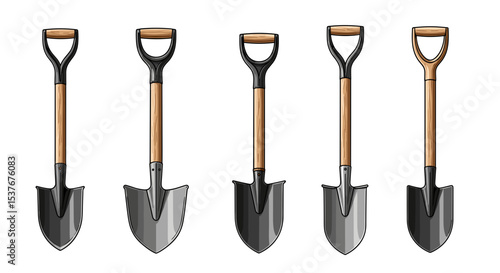 Illustration of five shovels with wooden handles and black grips aligned side by side on white background