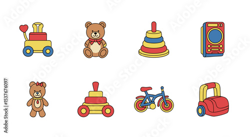 A colorful assortment of toys including teddy bears, stacking rings, and ride on toys are displayed here