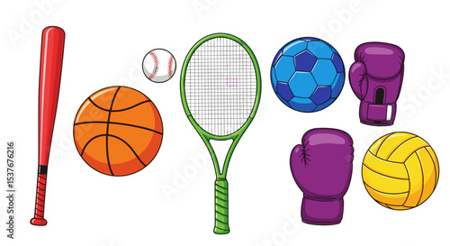 Assortment of sports equipment including a baseball bat and various balls and boxing gloves displayed