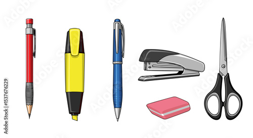 A collection of office and school supplies including pens pencils stapler eraser and scissors on white