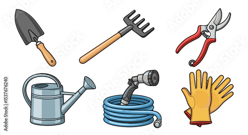 Illustration showing gardening tools including a trowel, rake, shears, watering can and hose with gloves
