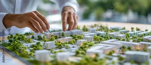 A detailed shot of an urban planner reviewing plans for a sustainable urban redevelopment project, Urban redevelopment scene, Eco-friendly urbanism style