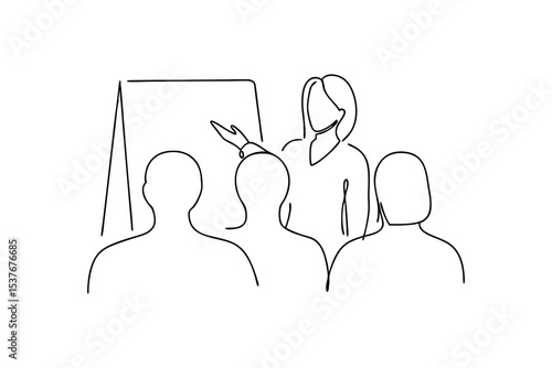 Woman giving presentation continuous line art business meeting