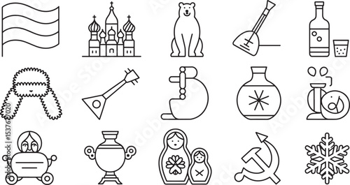 Traditional Russian Culture Line Icons, Showcasing Cultural and Historical Elements.