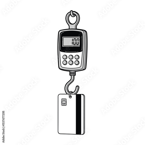 Illustration of a digital scale weighing a credit card, concept of debt and financial strain
