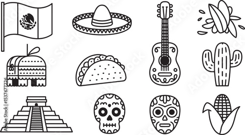 Mexican Culture Line Icons Featuring Sombrero, Cactus, and Traditional Symbols.