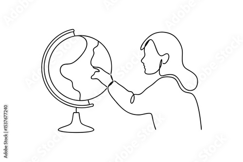 Woman studying a globe continuous line art illustration