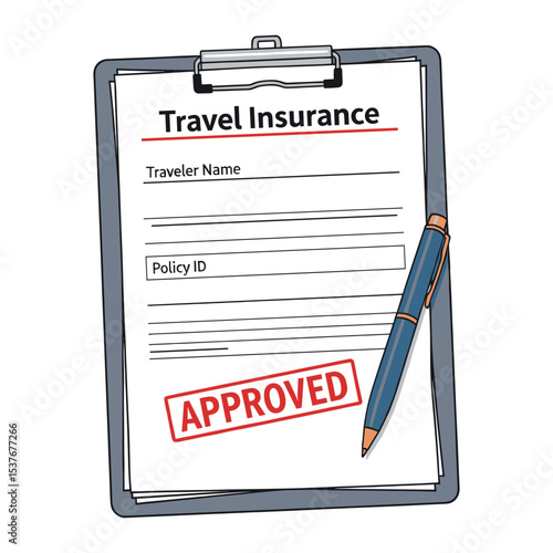 Travel Insurance Document Approved on a Clipboard with Pen, Insurance Concept Illustration