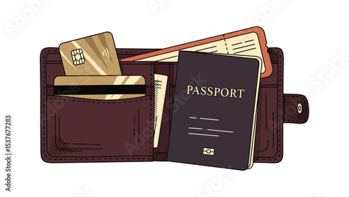 Wallet with Passport, Credit Card, and Ticket: Travel and Financial Illustration