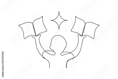 Continuous line art child raising books knowledge success