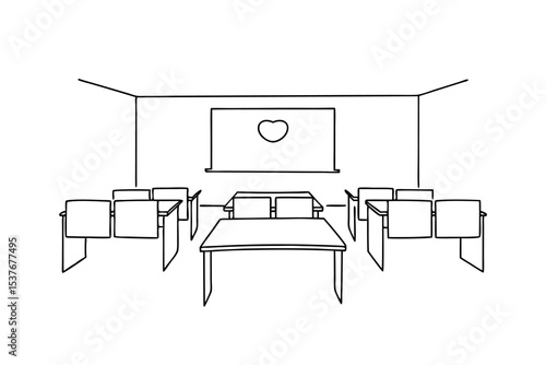 Simple continuous line art classroom drawing two rows desks chairs heart board
