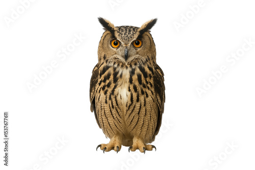 Majestic Eurasian eagle owl with piercing orange eyes isolated on transparent background, detailed wildlife close-up for nature, animal, and educational projects