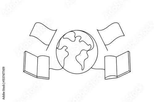 Continuous line art global education books flags world
